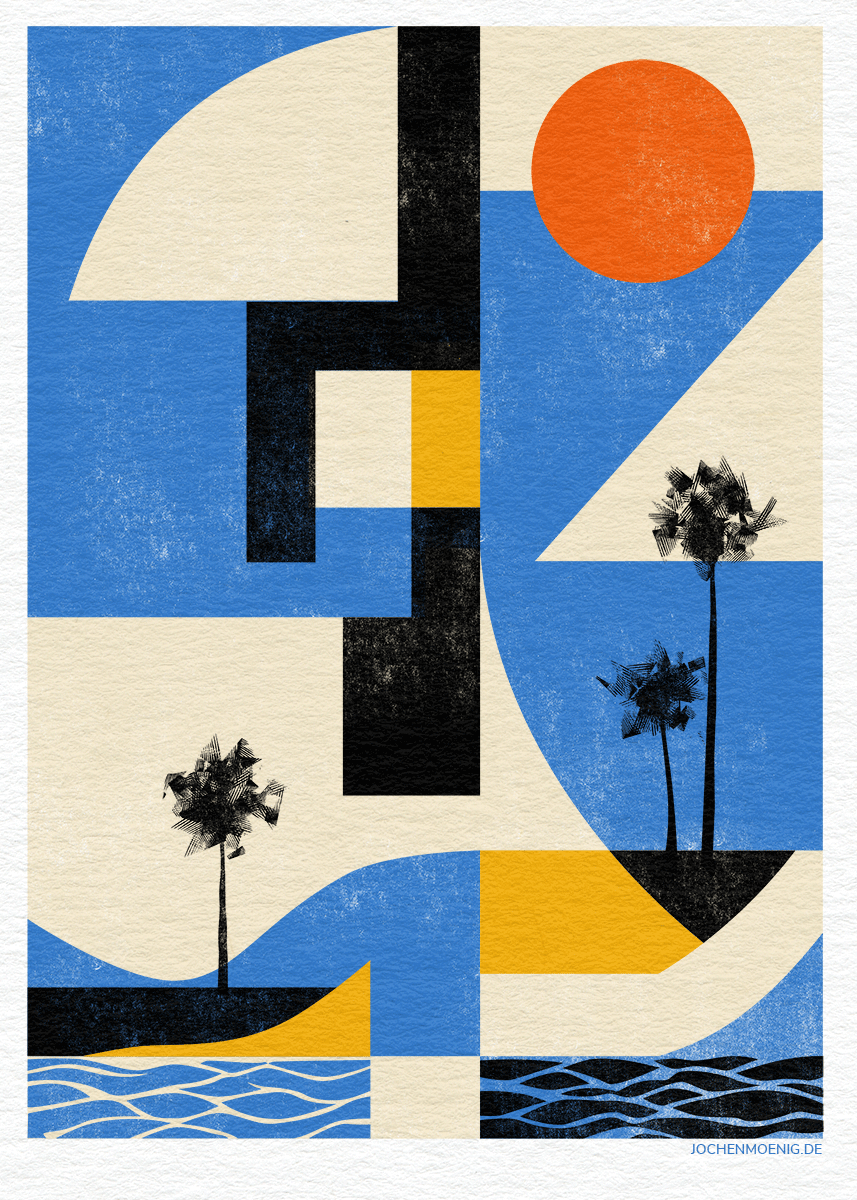 an abstract illustration of a beach with palms and sun