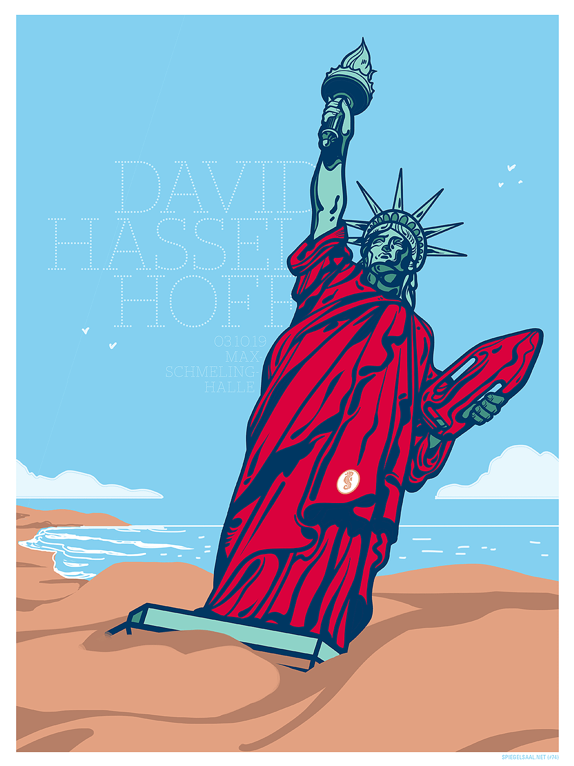 Illustration for a David Hasselhoff gig poster. A Baywatch Statue of Liberty
