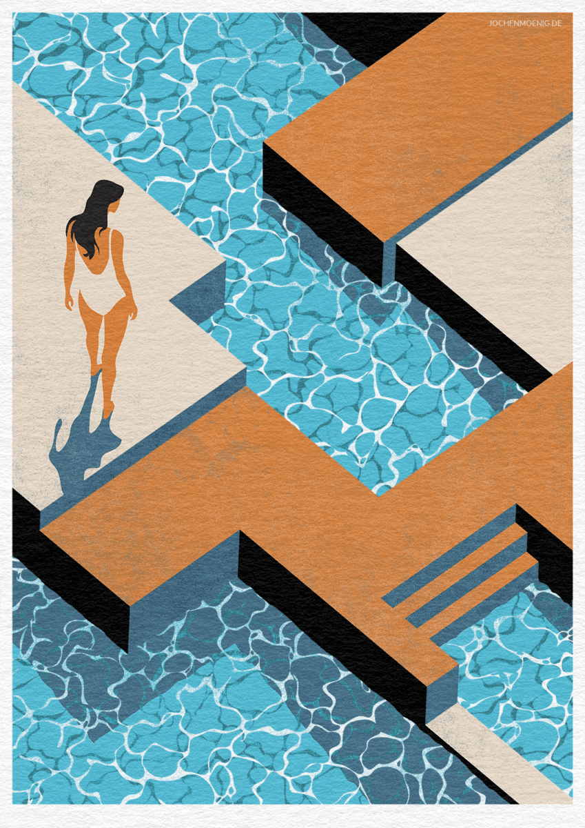 Stylized illustration of a woman by the pool, sunlight reflecting off the water